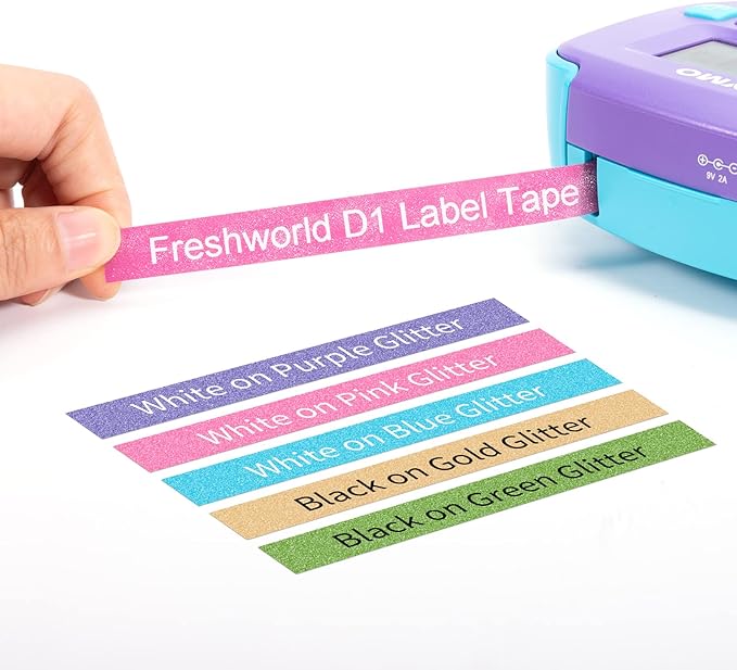 Freshworld 5-Pack Compatible with DYMO D1 Colorpop Label Tape 12mm 0.47" D1 Label Tape Refill, Replace COLORPOP Label Maker LabelManager 160 280 360D 420P PnP, White, Purple/Pink/Green/Gold Glitter