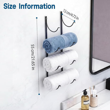 4-Tier Bathroom Rolled Towel Rack Wall Mounted Towel Storage Holder, Adhesive & Drill Hanging Organizer for Towels, Blankets, Large Bath Sheets, Space Saving in RV, Apartment Friendly