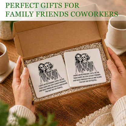 Xiahde Funny Skeleton Friends Coasters Dark Humor Gothic Ceramic Coasters Set of 2, for Women, Absorbent Stone Coasters with Cork Base Drink Coaster for Home Bar Halloween Decor