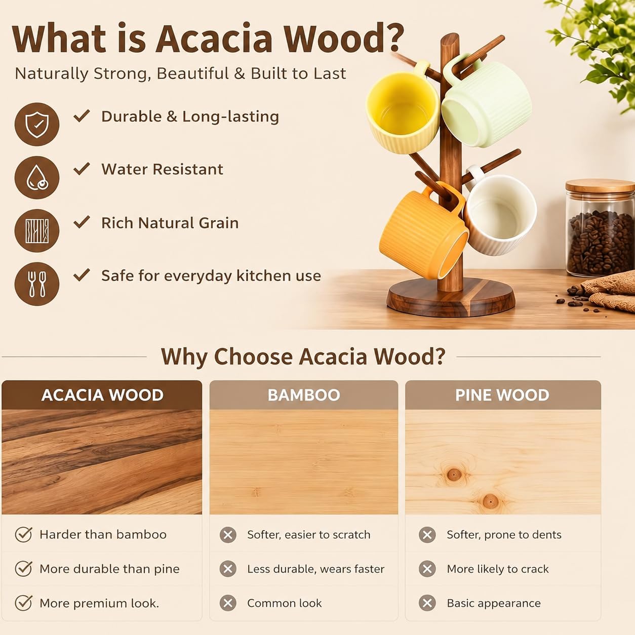 E-ROOM TREND Acacia Wood Coffee Mug Holder Countertop