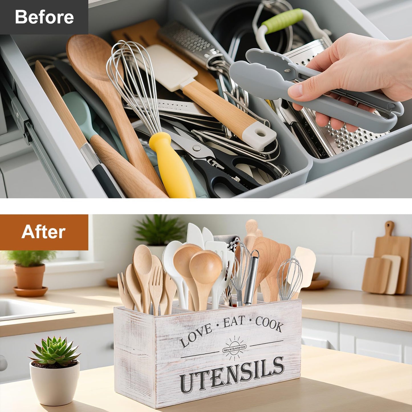 Natural Summertime 2 PC Wooden Utensil Holder,（With 4-Compartments size*1 + 3-Compartments size*1） Extra Large Kitchen Counter,Cooking Spatula Organizer,Farmhouse Decor, Rustic Cooking Utensil