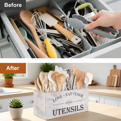 Natural Summertime 2 PC Wooden Utensil Holder,（With 4-Compartments size*1 + 3-Compartments size*1） Extra Large Kitchen Counter,Cooking Spatula Organizer,Farmhouse Decor, Rustic Cooking Utensil