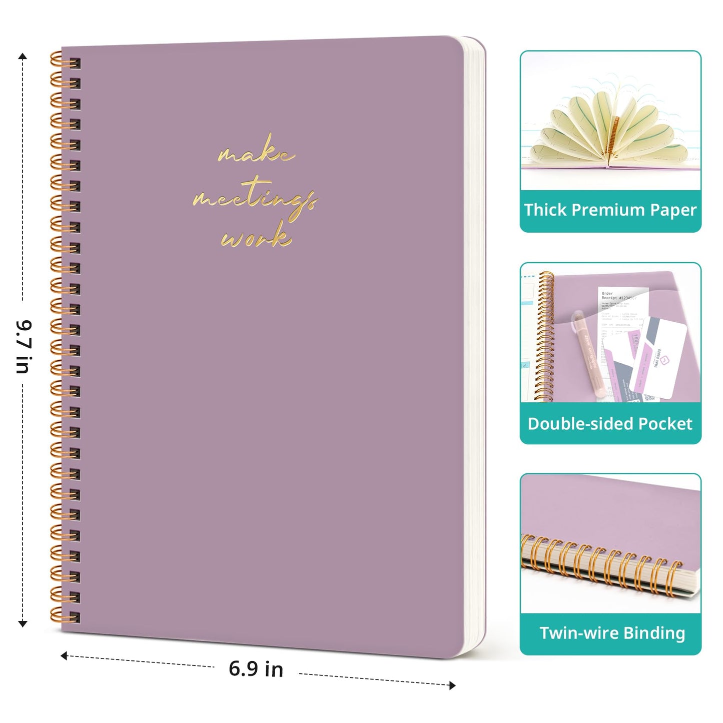 Meeting Notebook for Work Organization - Work notebook with action items, Meeting Minutes Planner Notebook, Perfect Office Supplies for Men & Women - Purple