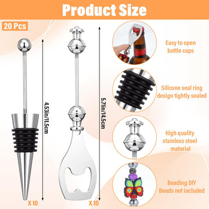 20 Pcs Beadable Wine Stoppers and Beadable Bottle Opener Set - 10 Reusable Decorative Wine Bottle Stoppers & 10 Alloy Openers for DIY Crafts, Wedding, Bar Party Favors, Holiday Gifts
