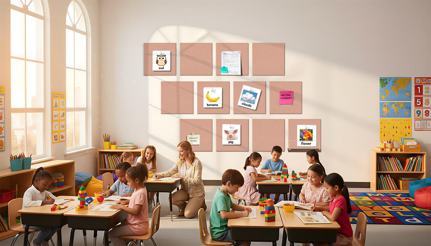 12 Pack Bulletin Boards 48" x 36" Alternative Cork Board for Office,Built-in Storage Device，Large Cork Boards for Walls ， Felt Wall Tiles, Contains Removable Security Stickers and PushPins (F-Pink)