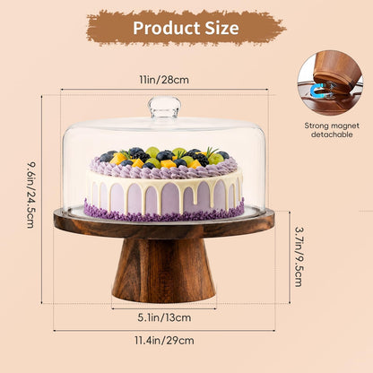 PopularLdo Acacia Wood Cake Stand with Lid - 12 Inch Magnetic Detachable Cake Stand with Dome, Shatterproof Acrylic Cover, Versatile Cake Holder & Charcuterie Board for Parties, Dessert Table Display