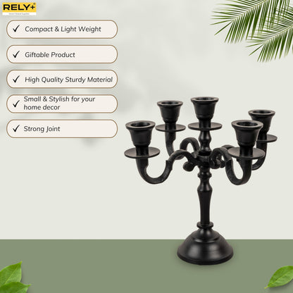 Rely+ 5 Arm Baby Candelabra Black Matte 8 Inch Taper Candle Holders Gothic Decorations Candlesticks Holder Home Decor Wedding Parties Centerpiece for Dining Table