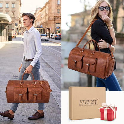 Garment Bag for Travel, Convertible Carry on Garment Duffel Bag for Men 3Pcs, Faux Leather Waterproof Large Weekender Bag for Men 2 in 1 Hanging Suitcase Suit Dress Business Travel Bag