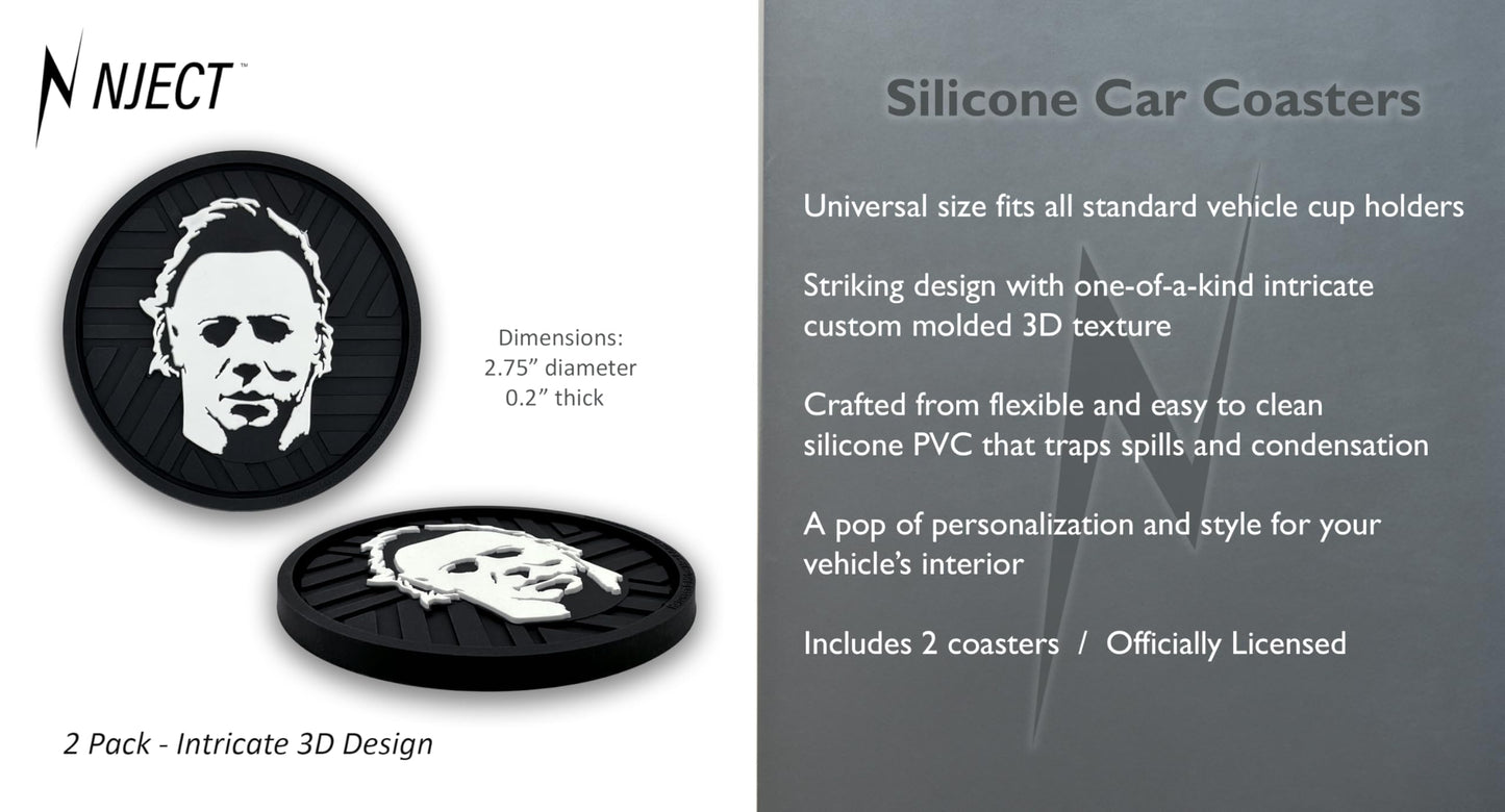 NJECT Officially Licensed Michael Myers Halloween Automotive 3D Textured Silicone Coasters (2.6" Diameter) | Universal Fit for All Cars, Trucks, SUVs & More | Non-Slip Durable | Set of 2