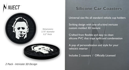 NJECT Officially Licensed Michael Myers Halloween Automotive 3D Textured Silicone Coasters (2.6" Diameter) | Universal Fit for All Cars, Trucks, SUVs & More | Non-Slip Durable | Set of 2