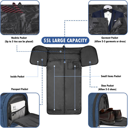 Pucuwu Garment Bags for Travel - Large Suit Bag for Men Carry On Garment Bag, Convertible Garment Duffle Bag with Shoes Compartment, 2 in 1 Hanging Dress Suitcase Suit Travel Bags (Dark Blue)