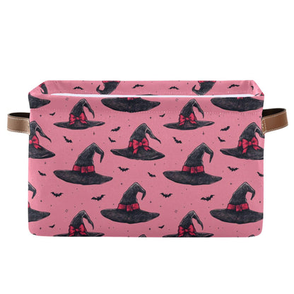 Wamika Halloween Witch Hat Storage Basket with Waterproof Liner and PU Handles Pink Bow Bowknot Bat Storage Bins Boxes 14.2" Collapsible Decorative Organizer Baskets for Bedroom Closet Office 1 Pack