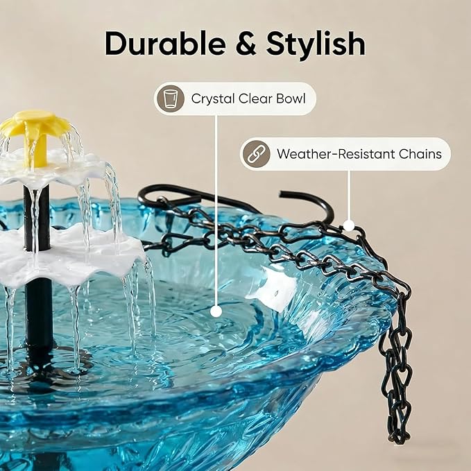 Solar Hanging Bird Bath with Fountain Cascade, Solar Powered Cascade Hanging Bird Bath Fountain with Solars Pump,for Outdoor and Gardens,for Outdoor and Gardens (Gray)