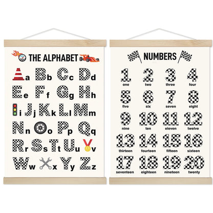 Fuyoooo Race Car Alphabet Posters Room Decor Cars Abc Poster Banner Educational Wall Art Posters with Hanging Wooden Frame 12 x 16 in for Preschoolers Kids Playroom Boys Nursery Bedroom