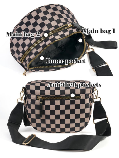 Black and White Checkered Crossbody Bum Bag for Women,Spacious Checkered Purse Fanny Packs Belt Bag Sling Bag with Shoulder Strap (khaki Checkered)