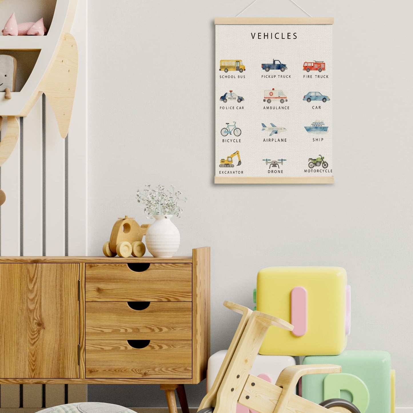 MOTERMATE Vehicle Classroom Poster Hanger Frame, Boy Nursery Wall Hanging Decor Art Framed for Toddler Kids Boys Room Bedroom Playroom Classroom, Transport Vehicle Wall Poster Prints, 12x16 Inch