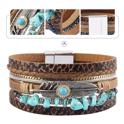 GelConnie Womens Leather Wrap Bracelet Boho Leather Cuff Bracelet Feather Turquoise Multi Layer Leather Bracelet Cuff Bangle Jewelry Bohemian Bracelet for Women Mother Wife