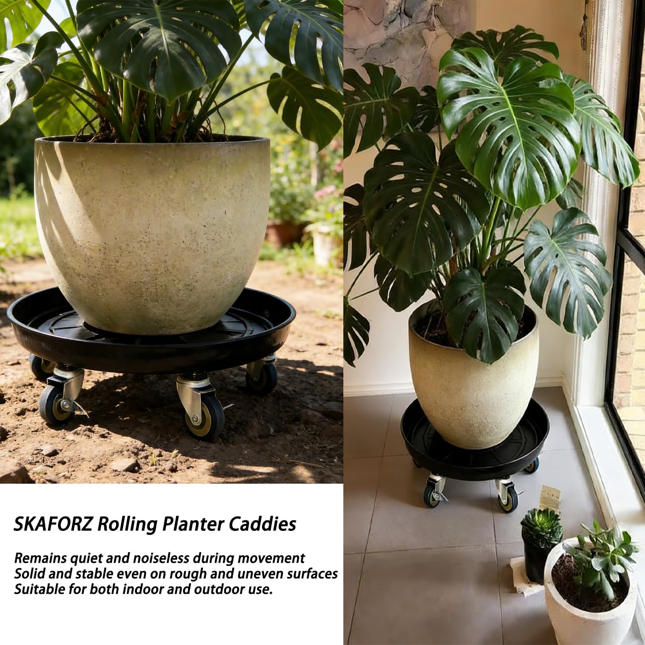 SKAFORZ Rolling Planter Caddy(430lbs Capacity), Heavy Duty Metal Plant Stand with Brake Wheels Plant Dolly Mover Plant Pot Tray Saucer for Indoor Outdoor 16 Inches Black 2Pack
