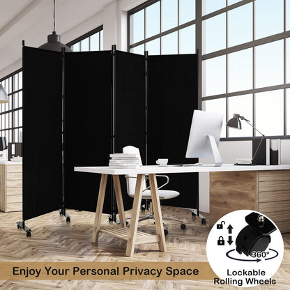 LDAILY 4 Panels Folding Room Divider, 6FT Tall Fabric Privacy Screen w/Metal Frame, Freestanding Partition Wall Divider w/Rolling Wheels for Bedroom, Dining Room, Office, Hospital (Black, 4-Panel)