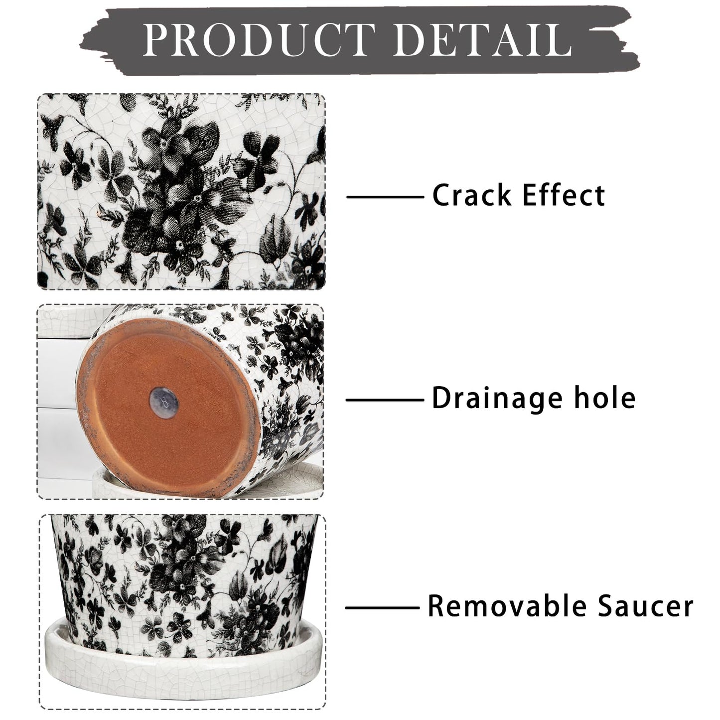 Set of 3 Black Plant Pots, Small Flower Pots Round Planter Pot with Drainage Hole and Saucers Modern Ceramic Planters for Indoor Plants Succulents Cactus Orchid Garden 5.5 Inch Outdoor Plant Pot
