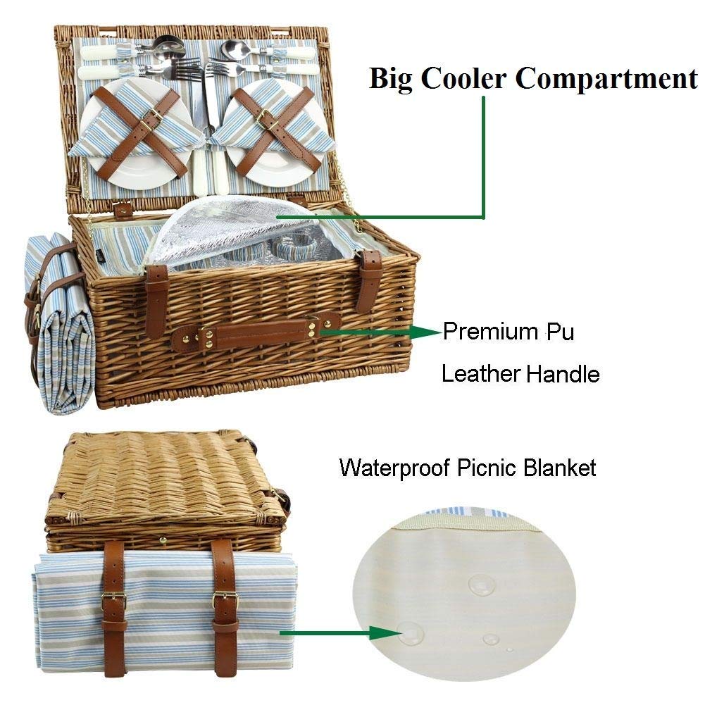 HappyPicnic Wicker Picnic Basket Set for 4 Persons | Large Willow Hamper with Large Insulated Cooler Compartment, Waterproof Blanket and Cutlery Service Kit-Classical Brown