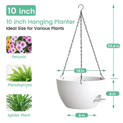 UOUZ Set of 3-10 Inch Self Watering Hanging Planters for Indoor Outdoor，Hanging Plant Pots with Drainage & Removable Tray, Hanging Pots for Pothos Plant, Spider Plants, Ferns, Balcony & Patio, White