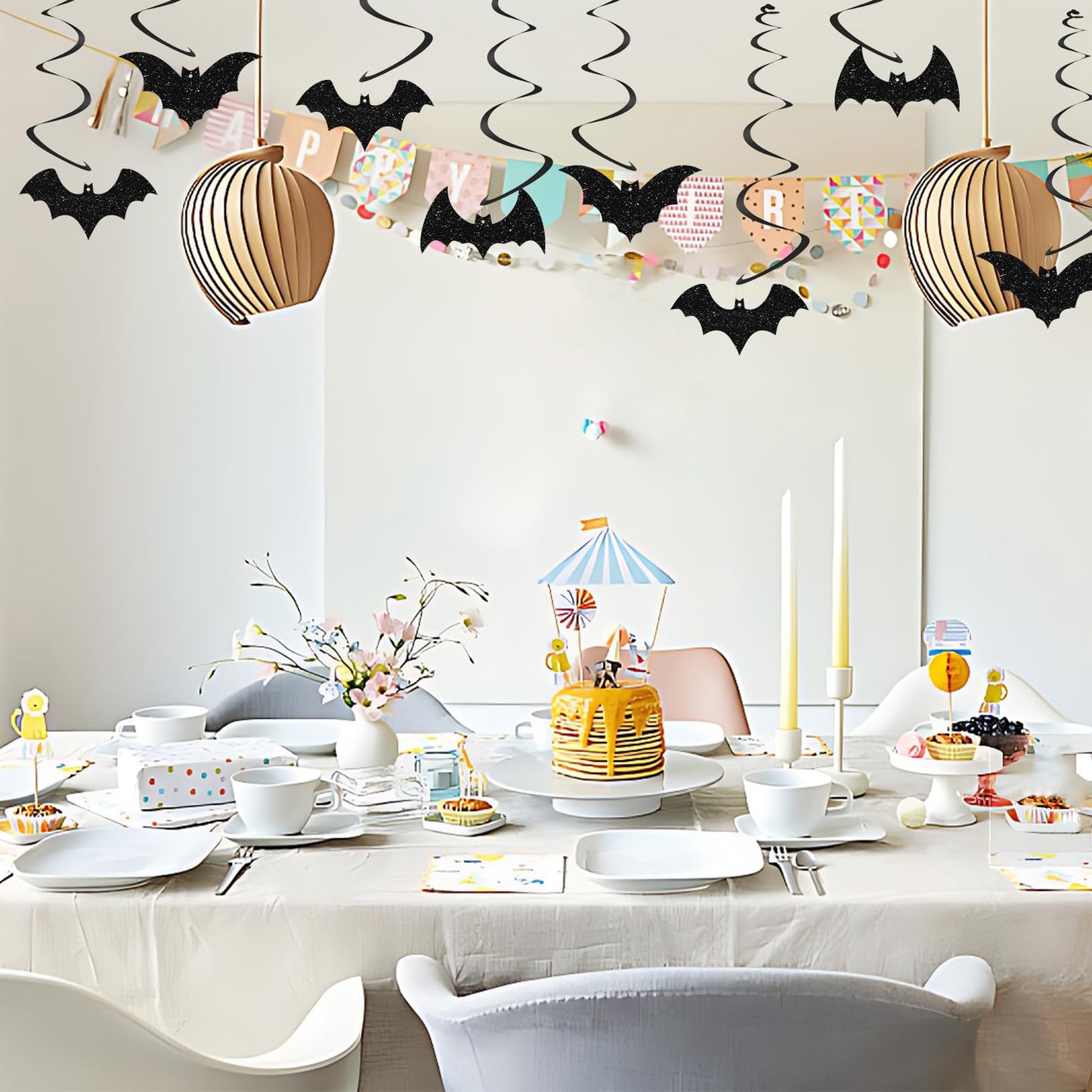 24pcs Halloween Bat Hanging Swirl Decorations, Flying Bats Signs Ceiling Whirl Streamer Hanging Banner, Black Bat Hanging Swirls for Halloween Party Decoration