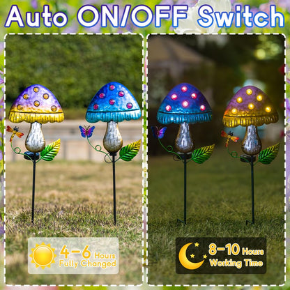 Venniy Solar Mushroom Lights for Outside 2 Pack，Mushroom Solar Lights Outdoor Metal Stakes Decorate Garden,Path,Backyard,Flower Bed,Pathway,Lawn