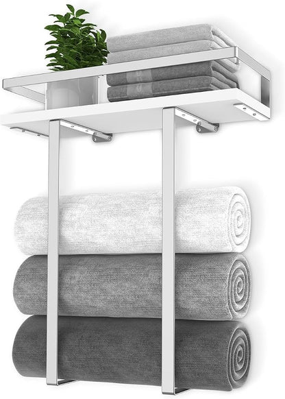 Towel Rack Wall Mounted, Xstydes Metal Towel Holder with Wooden Shelf for Folding Large Towels, Towel Storage for Small Bathroom Organizer Decor or RV Camping, Silver
