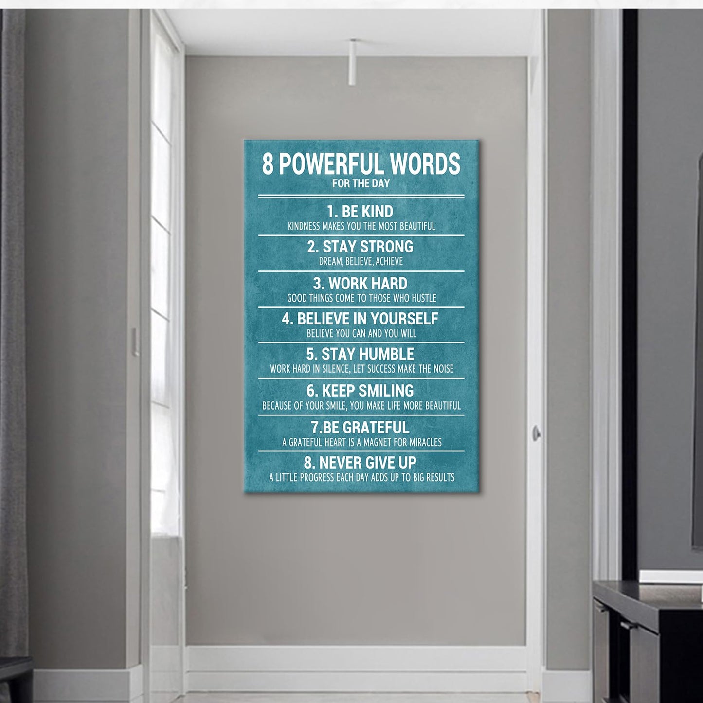 YSPCSUN Motivational Canvas Wall Art 8 Powerful Words Quote Poster, Teal White Inspirational Wall Decor for Living Room Gym Office, Single Panel Framed Canvas Print, 36x24 Inch
