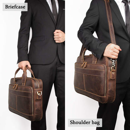 Augus Leather Briefcase for Men16 inch Laptop Bag Genuine Full-Grain Leather Messenger Shoulder Bag YKK Zipper Work Travel Brown