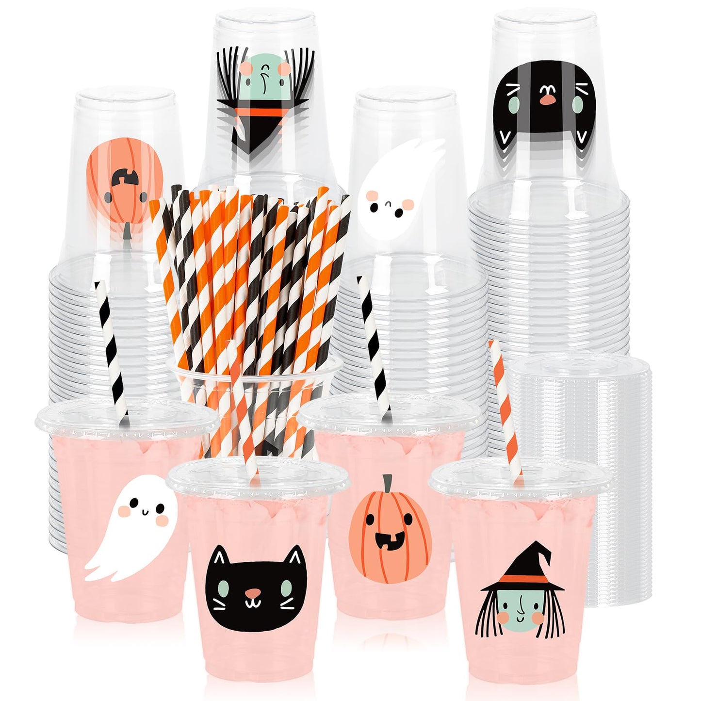 Whaline 48Pcs 12Oz Halloween Plastic Cups with Lids & Straws Ghost Pumpkin Black Cat Disposable Clear Drinking Cups for Holiday Birthday Party Supplies