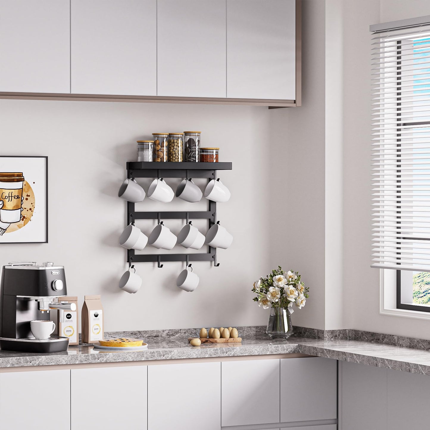 SZUGCOTD Coffee Mug Rack Wall Mounted, Rustic Metal Mug Holder Organizer with 12 Hooks and Top Shelf Cup Storage Rack for Home Kitchen Coffee Bar Station Mug Display and Collection