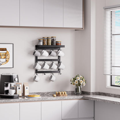 SZUGCOTD Coffee Mug Rack Wall Mounted, Rustic Metal Mug Holder Organizer with 12 Hooks and Top Shelf Cup Storage Rack for Home Kitchen Coffee Bar Station Mug Display and Collection