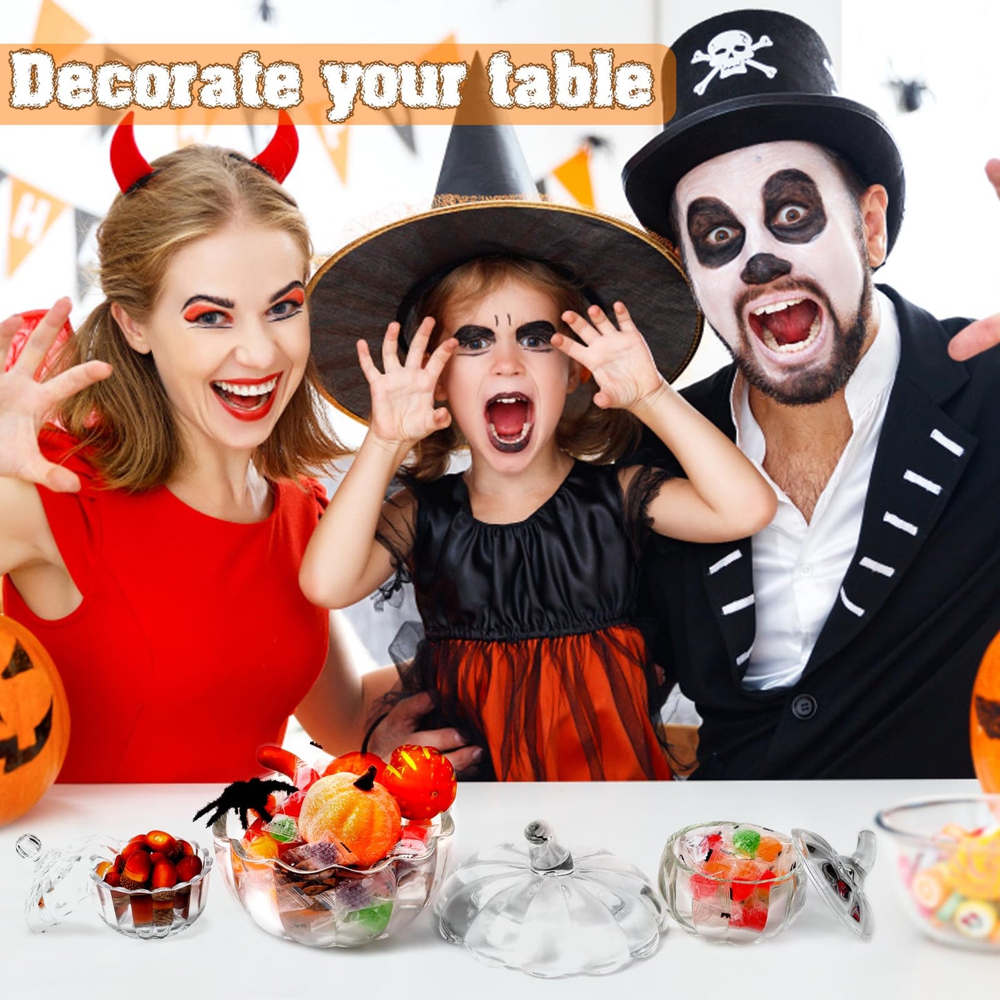 3 Pcs Halloween Pumpkin Candy Jar with Lids Glass Candy Bowl Cute Clear Cookie Storage Jar Crystal Candy Dish Office Desk Decorative Jars for Halloween Party Decoration Home Holiday Supplies Gift