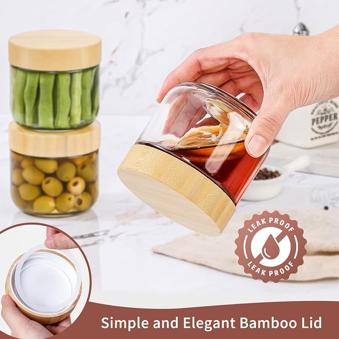 DRKIO 10 Oz Overnight Oats Containers with Bamboo Lids - 4 Pack Glass Storage Jars with Airtight Lids Wide Mouth Mason Food Jars Great for Meal Prep Salad Chia Pudding Snacks Yogurt Sugar Spice