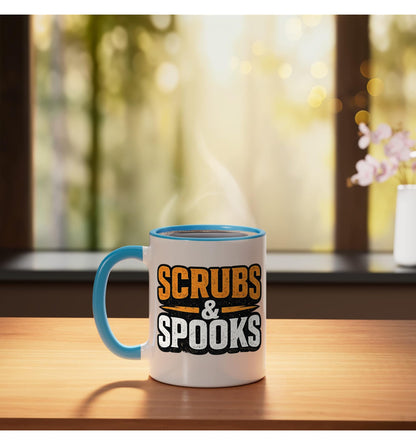 Scrubs & Spooks Nurse Halloween Medical Humor Ceramic Mug, Blue/White