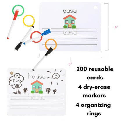 Dry Erase Spanish Flash Cards for Kids | English - Spanish Alphabet Flash Cards for Beginners - Set of 200 ESL Teaching and Learning Bilingual Flashcards for Writing and Reading Games.