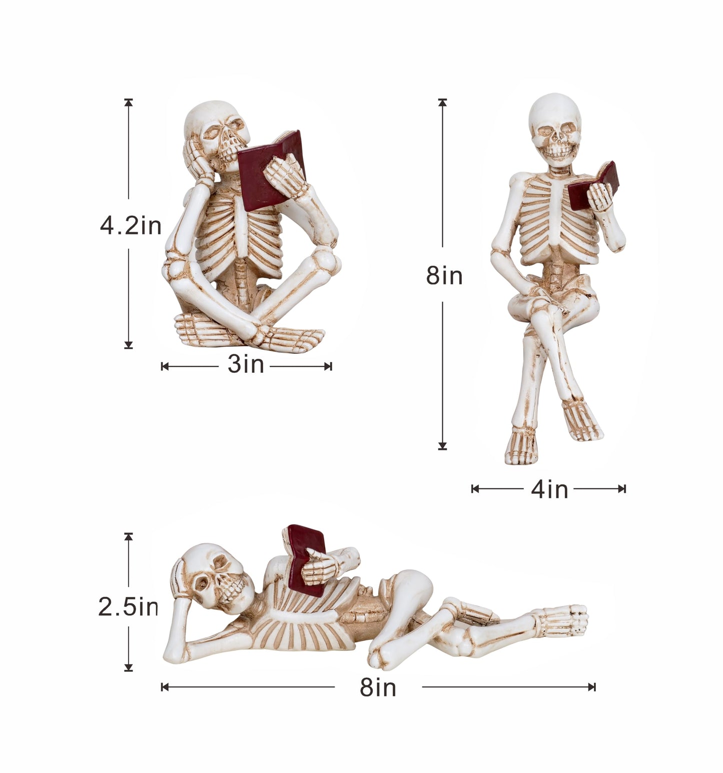 Dawbun 3 Piece Halloween Indoor Decor Figurines Sitting Skeleton Statue Halloween Decorations mini Reading Skull Figurine Home Decor for Living Room Table Shelf Ornament