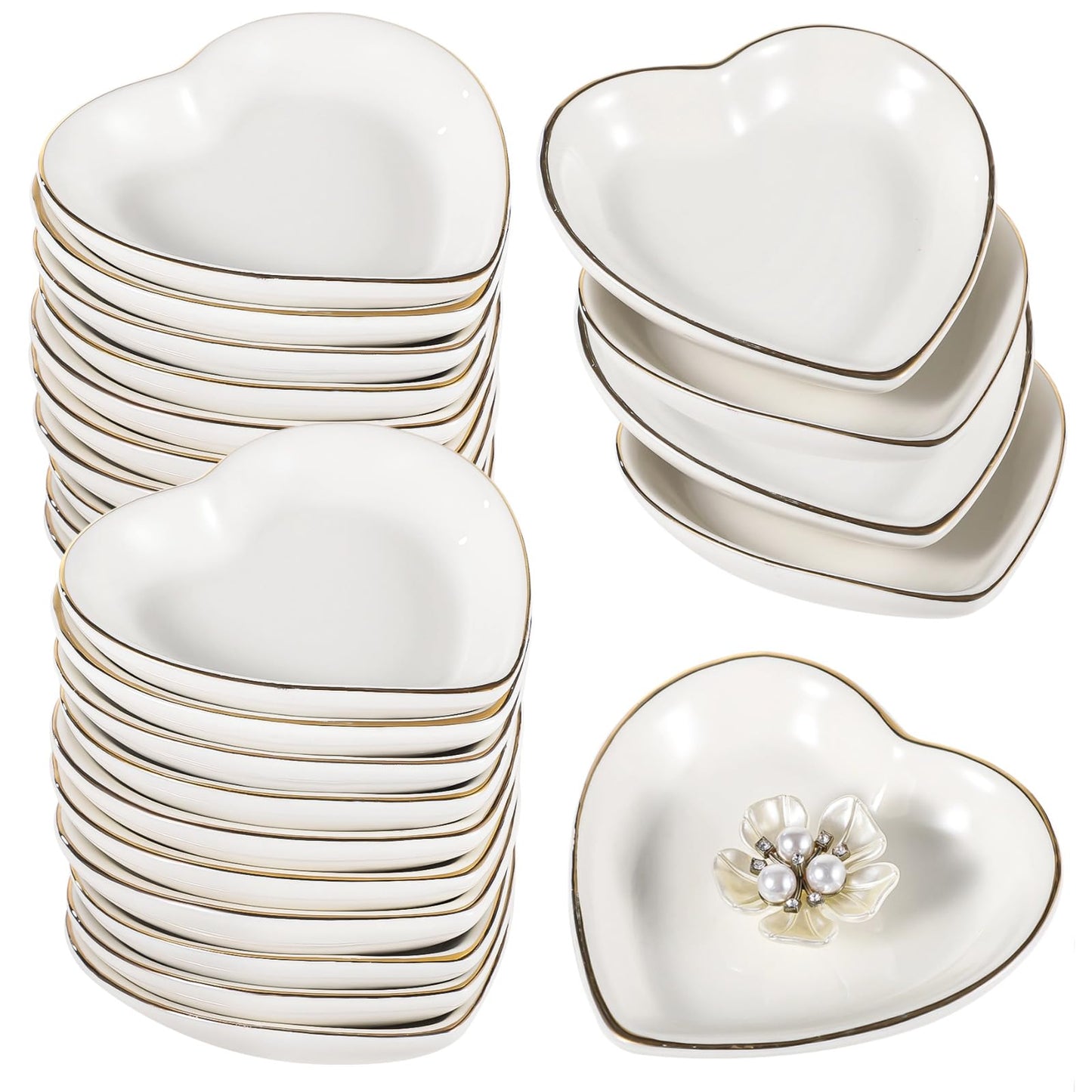 Toyosport 24 PCS Heart Shaped Trinket Dishes, Ceramic Jewelry Trays for Earrings, Necklaces, Bracelets, Engagement Wedding Ring Dish, Elegant Golden Edge