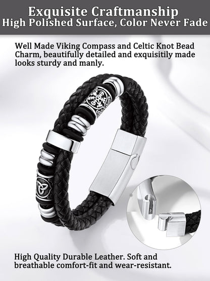 Bestyle Black Leather Bracelet for Men Double Layer Mens Leather Celtic Bracelets with Lucky Beads, Fashion Punk Retro Men Wristband Leather Bracelet Great Gift for Father Husband, 23cm/9.1 Inch