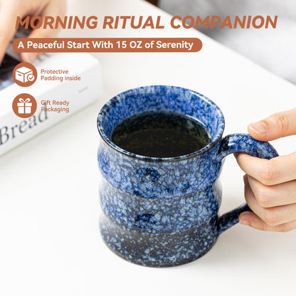 Unique Reactive Glaze Ceramic Coffee Mug - 15 oz Large Coffee Cup with Ergonomic Handle, Sakura Blue Ceramic Mug for Office & Home, Great Birthday Gift for Women, Men & Self-Care, Microwave Safe