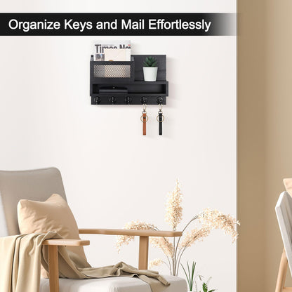 Lucundm Key and Mail Holder Wall Mount, Key Hanger with Long Storage Box and 5 Hooks for Coat, Dog Leash, Home Decor Rack, House Accessories, Entry Way Organizer 11.8”W x 7.8”H x 3.2”D