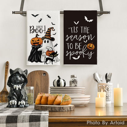 Artoid Mode Ghost Pumpkins Bats Cat Hey Boo Halloween Kitchen Towels Dish Towels, 18x26 Inch Jack-O'-Lantern Decoration Hand Towels Set of 4