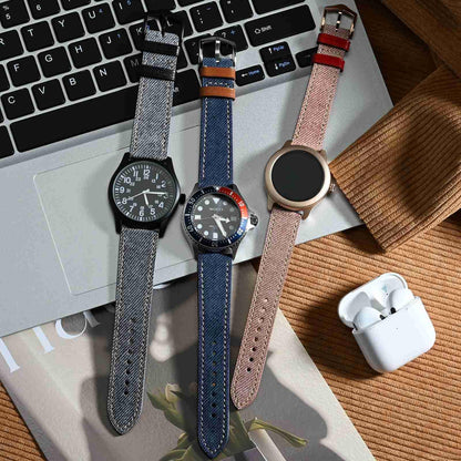 WOCCI 20mm Watch Band, Italian Leather, Denim Pattern, Golden Buckle (Denim Blue)