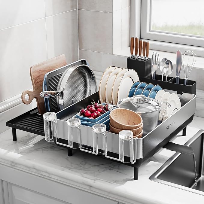 SUNLY Large Dish Drying Rack, Expandable Dish Rack for Kitchen Counter, 304 Stainless Steel Space Saving Dish Drainer with Multifunctional Flip Up Pegs