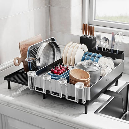 SUNLY Large Dish Drying Rack, Expandable Dish Rack for Kitchen Counter, 304 Stainless Steel Space Saving Dish Drainer with Multifunctional Flip Up Pegs