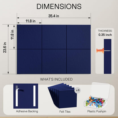 MaxGear Large Cork Board for Wall 36" x 24", Dark Blue Bulletin Board, 6 Pack Felt Wall Tiles with Pushpins, Cork Boards for Office Pin Board Tack Board Cork Boards