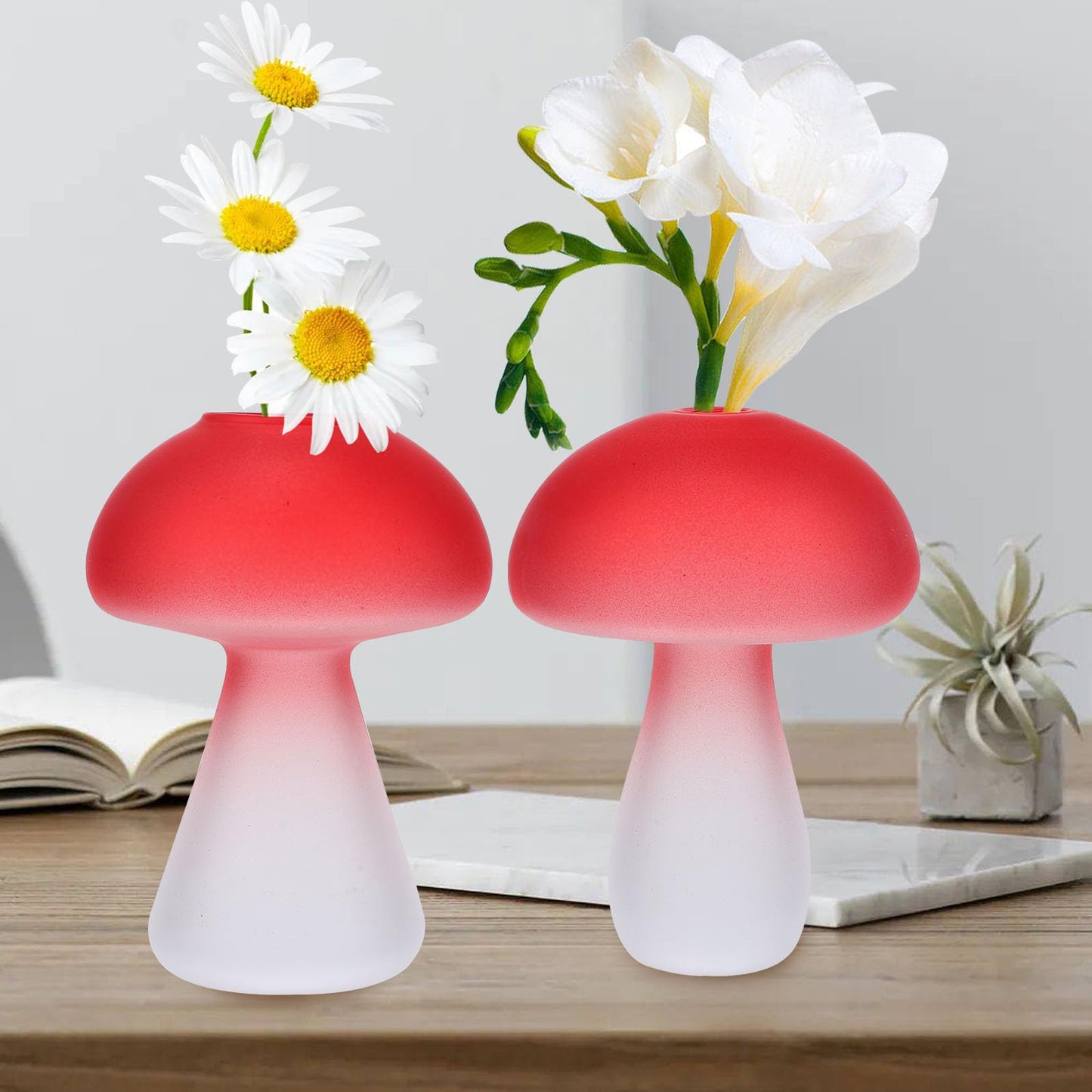 SOLUSTRE 3pcs Glass Mushroom Hydroponic Vases Set, Red Decorative Flower Terrarium Vases for Home Desktop Plant Propagation and Floral Arrangements