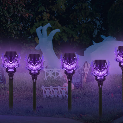 Solar Halloween Decorations Outdoor, 8 Pack Spooky Skulls Solar Torch Flame Lights, Waterproof Pathway Halloween Lights for Garden, Yard, Lawn, Porch, Landscape Decor, Purple